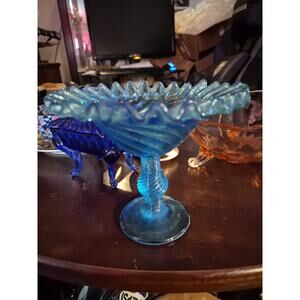 Vintage Fenton Colonial Blue Glass Compote With Crimped Edge And Twisted Stem...